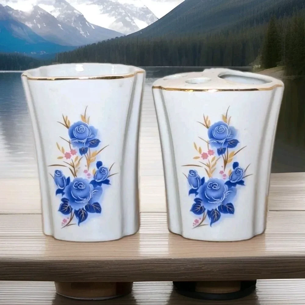 Vintage Tumbler Toothbrush Holder Blue Pink Flowers Gold Edge Japan Porcelain